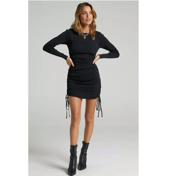 Lioness Black Ruched Drawstring Bodycon Stretch Knit Long Sleeve Mini Dress Sz S - Picture 1 of 13